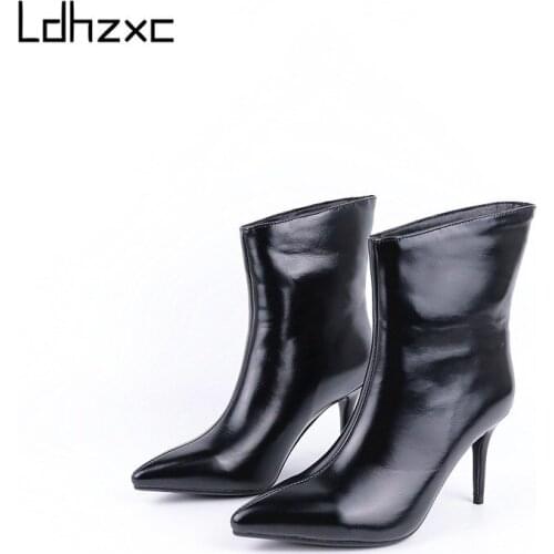 LDHZXC 2020 Pointed Toe patent leather high Heel Autumn Winter Comfort Ankle Boots Fashion Women Shoes Size 34-43 for women