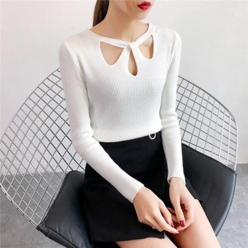 2018 New Womens Knitted Sweater Fashion Irregular Collar Small Sexy Hollow Harajuku Stretch Simple Solid Sweet Style Tops
