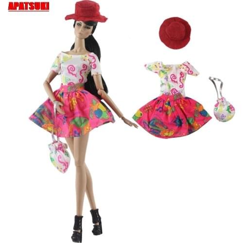 Colorful Cartoon O Neck Fashion Short Dress Red Hat Bag Outfit Clothes for Barbie Doll Set Toy Dollhouse Accessories DIY Kid Toy