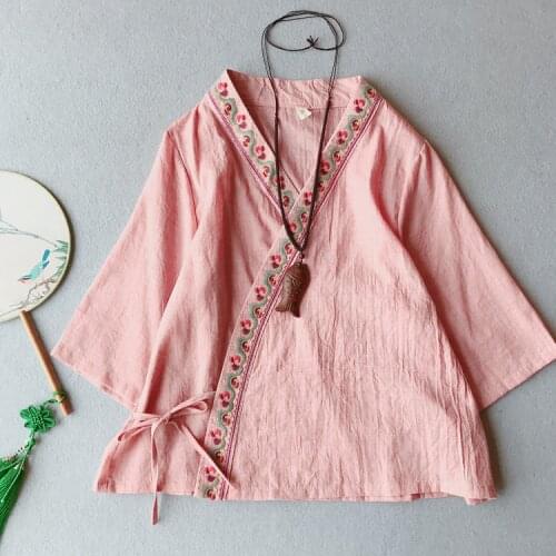 Summer Women Shirt Embroidery Cotton Linen Three Quarter Sleeve V neck Casual Loose Cardigan Floral Blouse Female YoYiKamomo