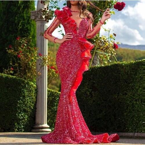 Sexy Sparkly Red Prom Dresses Long Sleeves Mermaid Sheer Deep V-Neck With Ruffles Open Back Evening Gala Formal Gowns