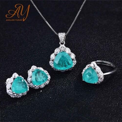 Anillos Yuzuk Vintage 925 Sterling Silver Paraiba Tourmaline Gemstone Earrings/Pendant/Necklace/Ring Wedding Jewelry Sets