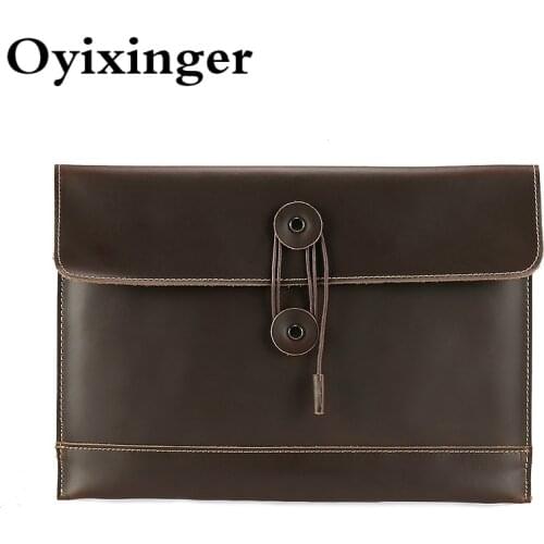 OYIXINGER Mens Laptop Sleeve Genuine Leather Bag For 13.3Inch Laptop Fashion Business A4 Document Storage Leisure Clutch Male