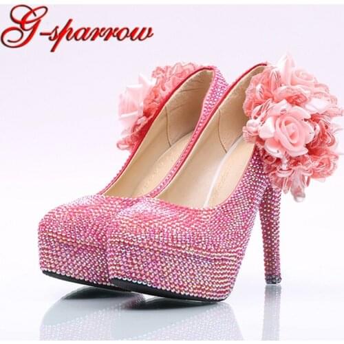 Pink Rhinestone Wedding Shoes Pink AB Crystal Color Adult Ceremony High Heels Birthday Party Prom Shoes with Appliques Size 10