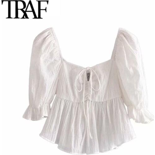 TRAF Women Fashion With Bow Ruffled Crop Blouses Vintage Short Sleeve Elastic Trims Female Shirts Chic Tops