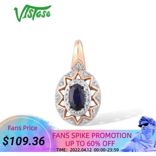 VISTOSO Genuine 14K 585 Rose Gold Pendant For Women Sparkling Diamond Blue Sapphire Luxury Necklace Pendant Wedding Fine Jewelry