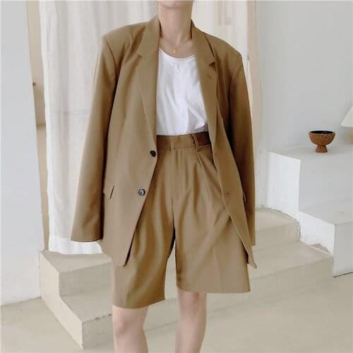 Straight Shorts Suits Women 2 Piece Sets Summer Minimalist Elegance OL Loose Blazers+high Waist Sexy Chic 2021 Casual Button Fly