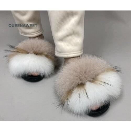 Womens Real Fox Fur Slipper Furry Summer Beach Slipper Beach Sandals Flip Flop Slides Flats Female Outdoor Shoes Fluffy Fox Fur