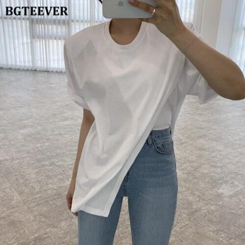BGTEEVER Chic O-neck Irregular Side Split T-shirts for Women Summer Short Sleeve Loose Female Pullovers Tees 2021 Ladies Tops