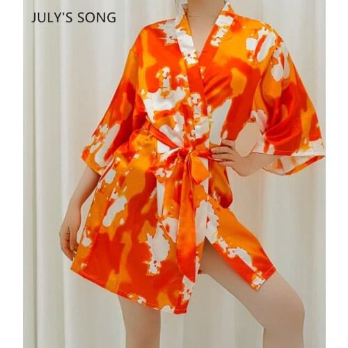 JULYS SONG Woman Robe Pajamas Faux Silk Tie-dye Summer Thin Printing Nightgown Orange Bathrobe Bride Morning Robe Sleepwear