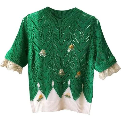 2021 spring and summer green short sleeveKnitted Sweaters Women Thin Lace half sleeve vintage hand embroidery flowersFashion Top
