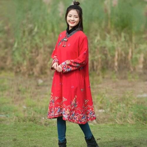 Women Fleece Embroidered Dress Ladies Warm Winter Embroidery National Style Dresses Female 2019 Loose Dress