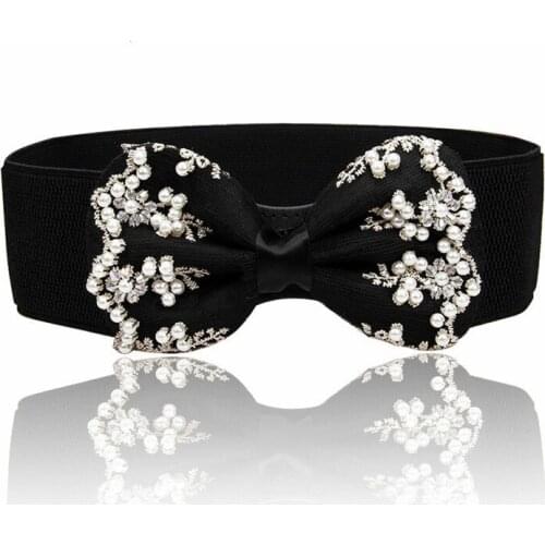 1PC Women Lace Pearl Bow Elastic Wide Waist Belt Fashion Belt for Dress Accessories