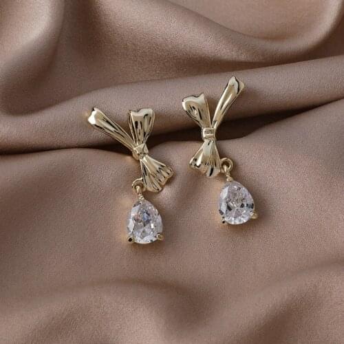 2021 South Korea New Metal Bow Water Drop Earrings Fashion Temperament Versatile Earrings Womens Jewelry