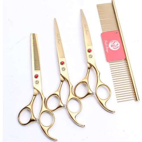 4Pcs Suit 7 inch 19.5cm Gold Steel Comb +Cutting&Thinning Shears +Down Curved Shears Professional Pets Hair Grooming Scissors