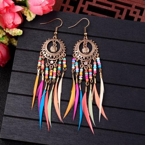 TopHanqi Bohemian Ethnic Colorful Feather Earrings For Women Vintage Hollow Metal LongTassel Drop Earrings Fashion Jewelry Gifts