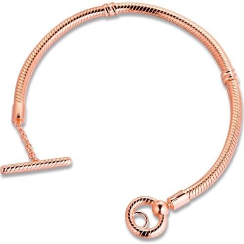 100% 925 Sterling Silver Jewelry Moments T-Bar Rose Snake Chain Bracelets For Women Wholesales Free Shipping