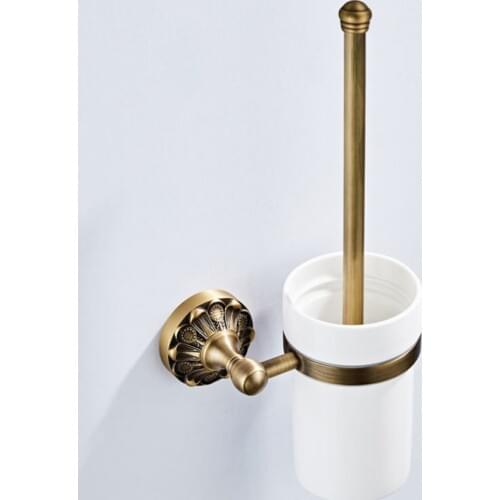 Bronze Toilet Brush Holder Brass Wall Mounted Durable Type Toilet Brushes Holder Set with Ceramic Cup WC Brush Shelf Vintage