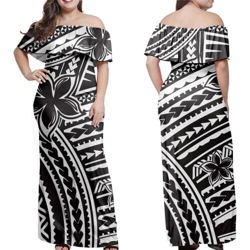 Jackherelook Black Polynesain Tattoo Hibiscus Floral Print Womens Party Long Dresses Layered Ruffle Maxi Dress Outfits Mujer