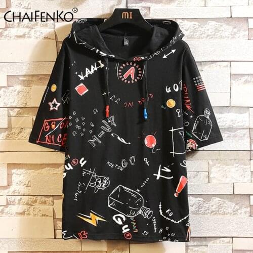 CHAIFENKO Summer Hooded T-Shirts Men 2021 Fashion Printing T-Shirt Tops Tees Harajuku Graffiti Hip Hop Men Short Sleeve T-Shirts