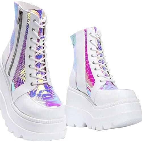 Classic Womens Boots Ankle Wedge Pu Leather Lace Up Autumn Winter High Top Side Zipper Chunky Platform Shoes Casual 2021