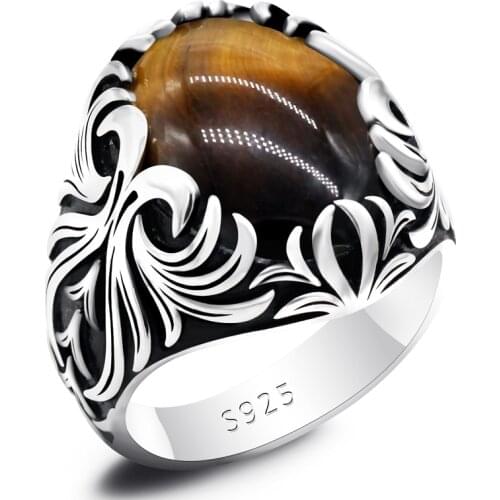 Tiger Eyes Ring for Men 925 Sterling Silver Big Natural Stone Male Punk Mask Rings Vintage Antique Turkish Handmade Jewelry Gift