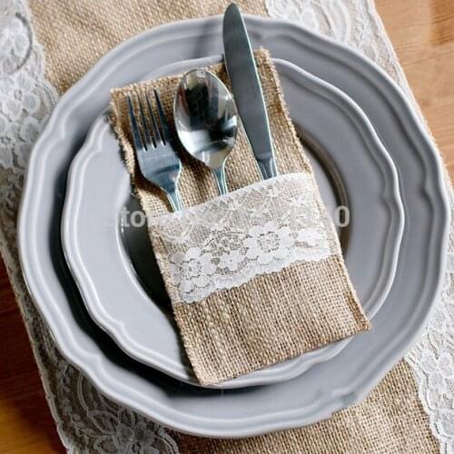 Love wedding 4x 8-inch Vintage Jute Burlap Lace Cutlery Holder Pouch Tableware (Pack of 100) by love wedding