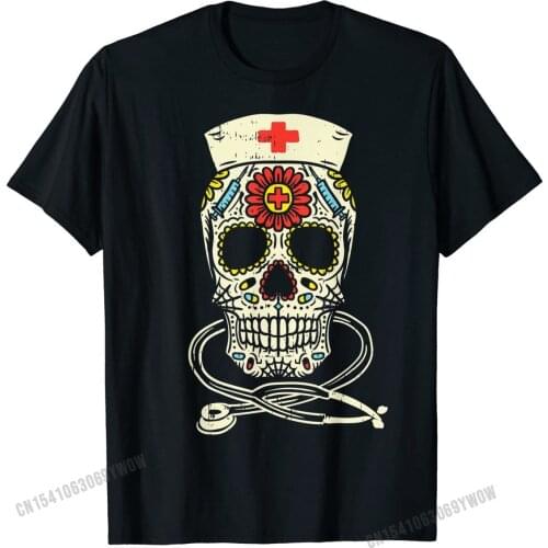 Nurse Sugar Skull Stethoscope RN Medical Halloween Costume T-Shirt Design Tops T Shirt for Men Designer Cotton Casual Tshirts