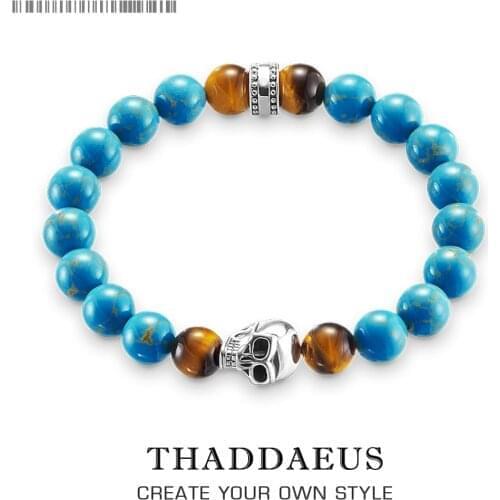 Fashion Accessories Jewelry Lava Stone Blue Stone Bead Skull Skeleton 925 Silver Charm Stretch Bracelet Gift For Men Women