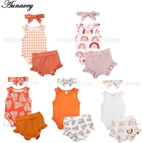 0-24M NEW Summer Baby Girl Boy Clothing Infant Clothes Sleeveless Ruffled Romper Tops High Waist Shorts Headband outfits sets