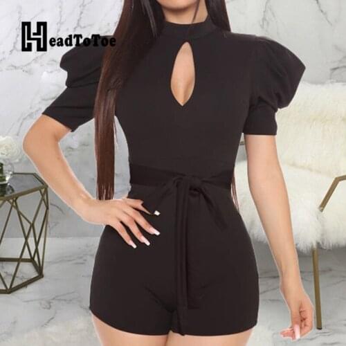 Solid Sashes Hallow Out Elegant Romper Woman Short Sleeve Round Neck Above Knee Slim Playsuit Women