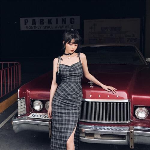 Ruibbit Punk Gothic Women Summer Black Plaid Sexy Deep V-neck Dress Party Club Wear Dark Halter High Waist Split Dresses Elegant