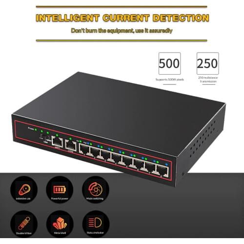 8+2 Port POE Switch 48V Ethernet VLAN 10/100Mbp Network Switch for CCTV IP Camera Wireless AP 250M Dropshipping