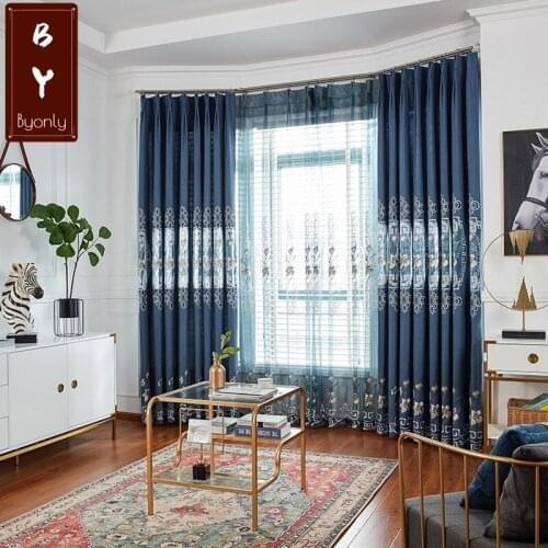European Style Curtains for Living Room Bedroom Blue Square Stitching Embroidery Curtains Tulle Finished Product Customization