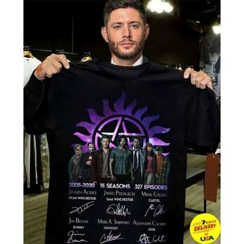 Supernatural 2005-2020 15 Seasons 327 Episodes Thank You Signature Shirt MenS Short Sleeve T shirt Cotton