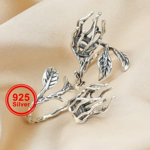 Solid 925 Sterling Silver branch claw irregular shape stone vintage style antiqued silver leaf adjustable ring settings 1294128