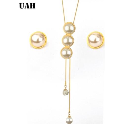 UAH Imitation Pearl Jewelry Set Simulated Pearl Stainless Steel Women Earrings Necklace t Sets for Wedding