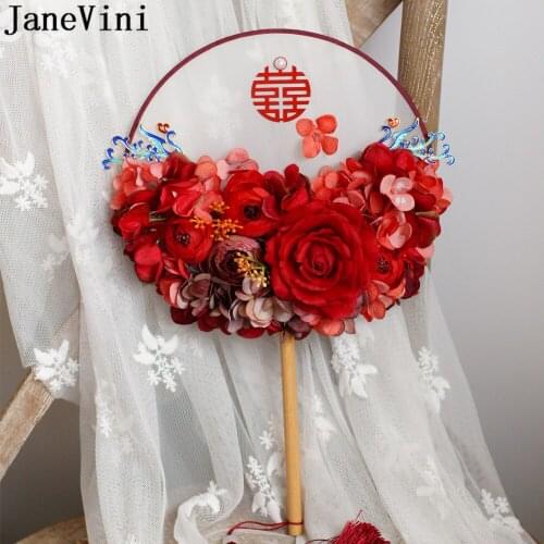 JaneVini 2020 Handmade Bridal Fan Chinese Style Ancient Artificial Flowers Red Bride Wedding Bouquet Photo Charm nep bloemen