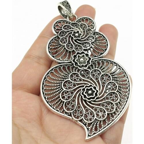 WYSIWYG 1pcs 90x50mm Filigree Big Carved Flower Heart Charm Pendant For Jewelry Making
