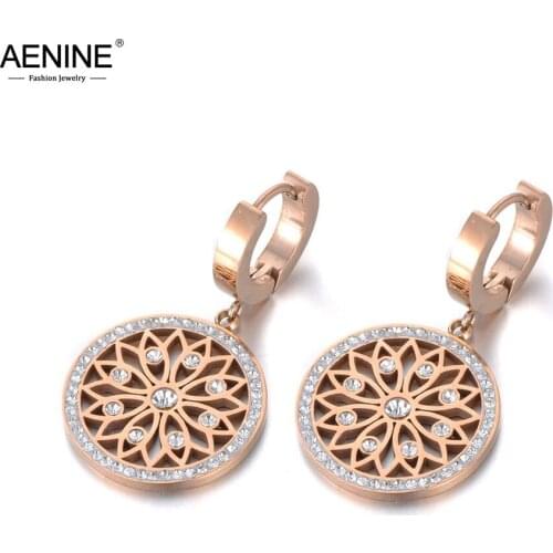 AENINE New Original Design Stainless Steel Flower Rattan Disc Earrings Jewelry Trendy CZ Crystal Hoop Earrings For Women AE19269