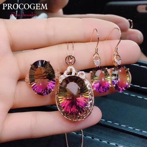 2019 New Ametrine Jewelry sets for Women Party gifts fine Jewelry Big stones Heart Necklace Ring Drop Earrings S925 Silver #449
