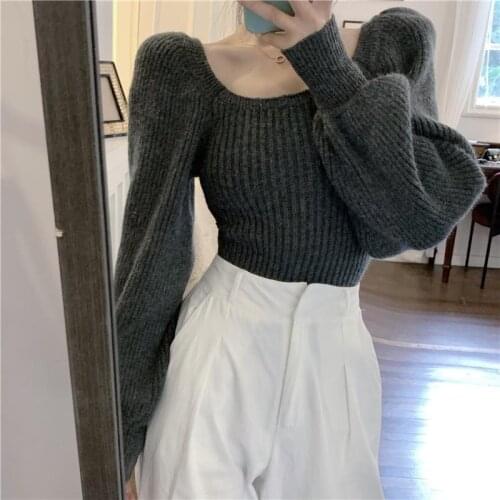 Woman Sweaters Pullover Bubble Sleeve Square Collar Sweater Spring Summer 2021 Sweater Casual Top for Women Femme Chandails