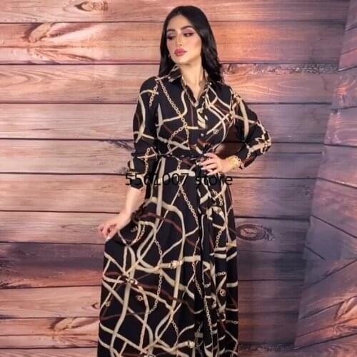 Chain Printed Shirt Dress Abaya Hijab Dresses Robe Kaftan for Women Fashion A-Line Long Sleeve Middle East Dubai Turkey Clothes