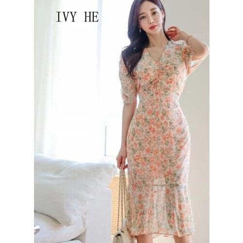 IVY HE High Quality Summer Dress Woman Clothing 2021 Vintage Floral Print Loose Waist Midi Long Dress Traf Robe ZA Party Dresses
