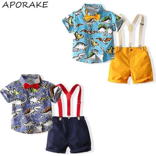 2021 1-6Y Gentleman Toddler Baby Boy Clothing Cartoon Dinosaur Print Short Sleeve Shirt With Bow-tie+Belt Shorts Summer 2pcs Set