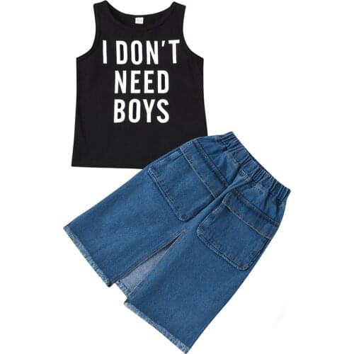 2021 2-7Y Kids Baby Girl Clothing Casual Outfits Letter Print Sleeveless Top Vest+Denim Slit A-line Skirt Summer 2pcs Set