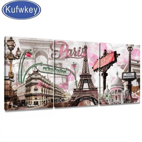 Diamond painting diy 5d diamond embroidery Triptych Pink Paris Tower Bedroom Decor Romantic City Paintings 3 Panels