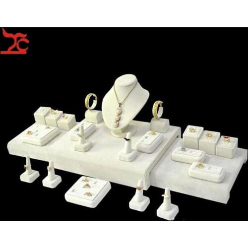 Beige Velvet Jewelry Display Counter Showcase Wooden Ring Bangle Organizer Necklace Pendant Ring Display Stand Kit 90*50*26cm