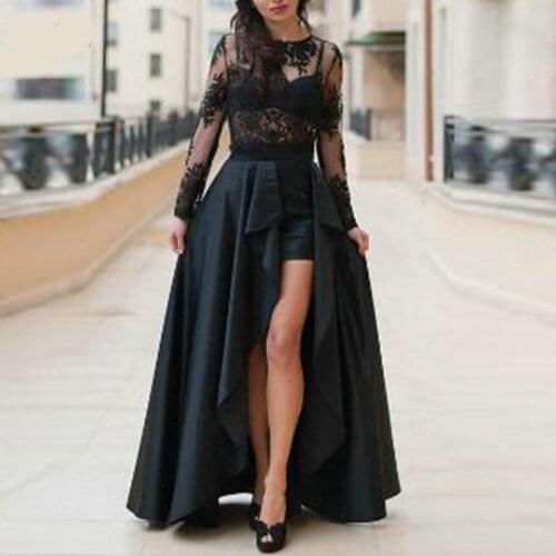 Black O-Neck Long Sleeve High Low Evening Dress Appliques Lace See Through Back Formal Evening Party Dresses Robe De Soiree
