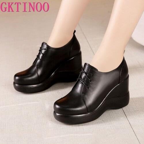 GKTINOO Lace Up Wedges Shoes for Women 2021 Autumn Platform Pumps Woman High Heels Black Office Shoes Ladies Plus Size 33-43